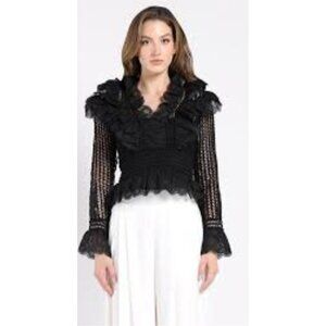 SIMONETT Cedrina Top Black Lace Ruffle Sheer Grid Blouse Long Sleeve V-Neck M